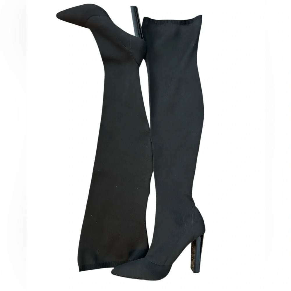 Boutique Black Over-the-Knee Boots 3.5” heel Sherpa footbed winter heeled boot